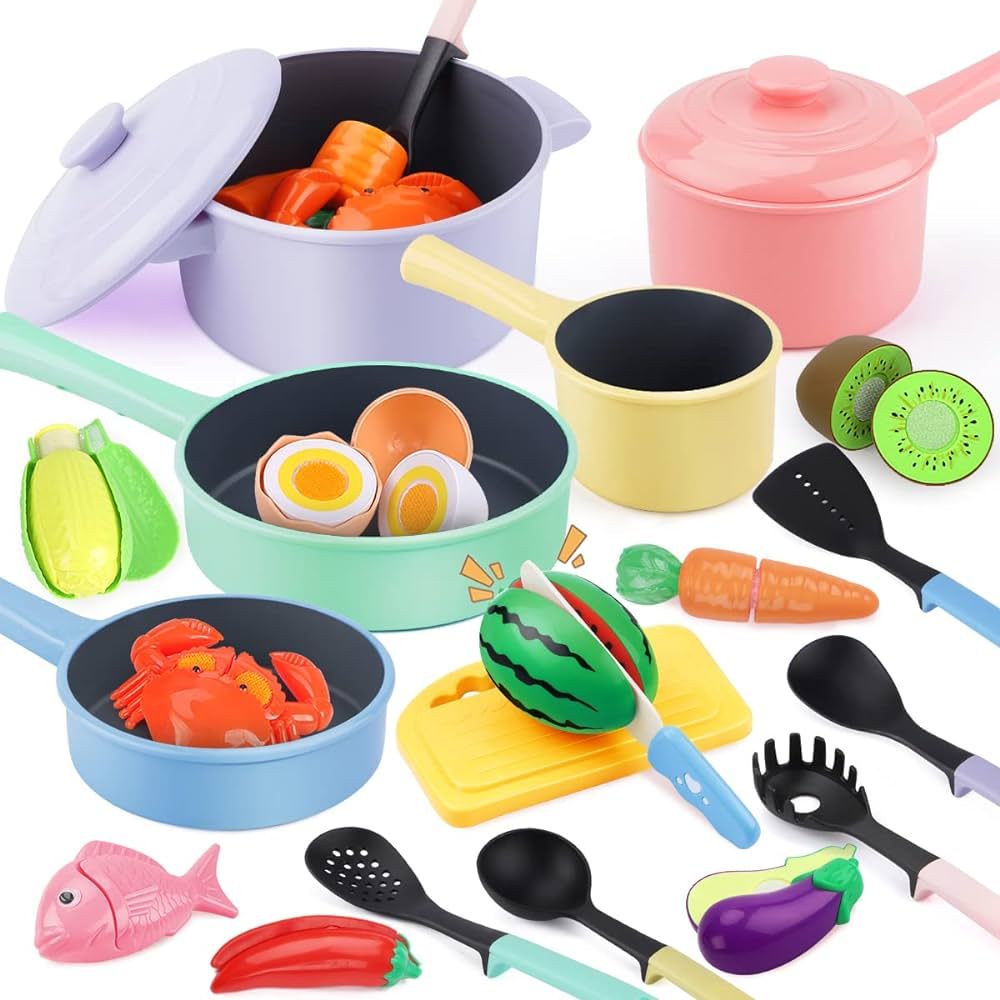 GILOBABY Play Kitchen Accessories, Play Food Sets for Kids Kitchen Playset with Pots and Pans Set... | Amazon (US)