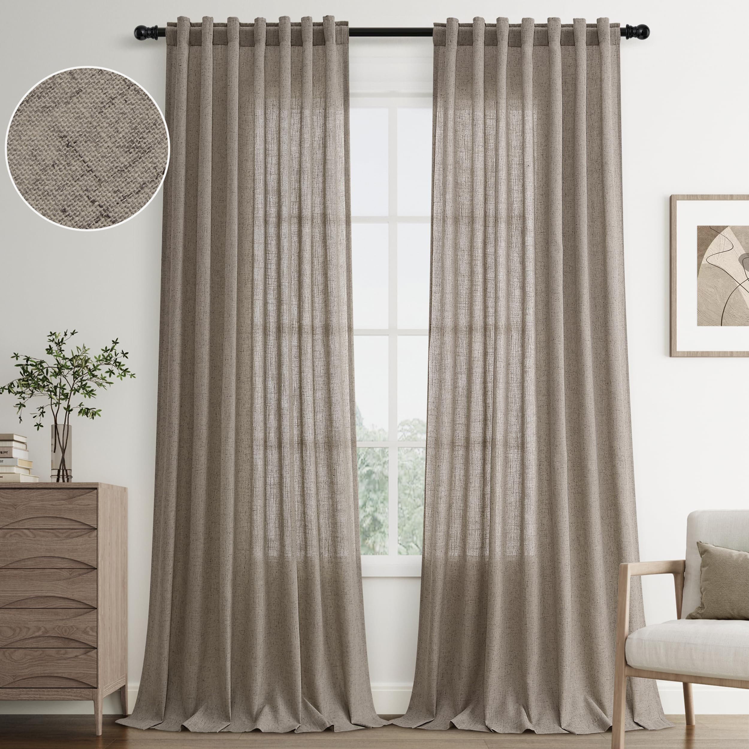 Joywell Light Taupe Back Tab Rod Pocket Linen Curtains 96 Inches Long 2 Panels for Living Room Be... | Amazon (US)