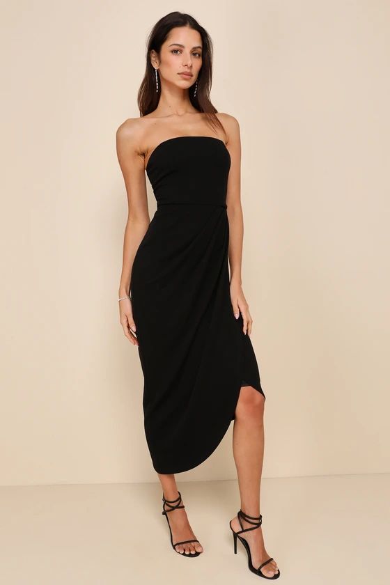 Tasteful Elegance Black Pleated Strapless Tulip Midi Dress | Lulus