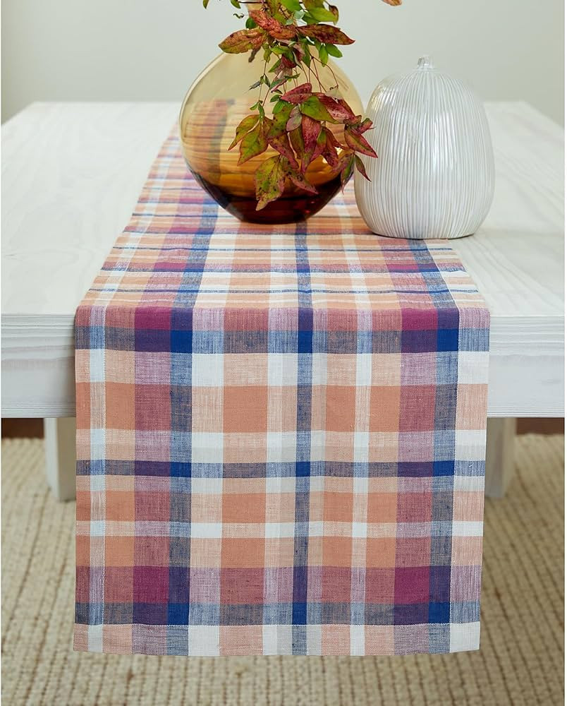 Solino Home Linen Fall Plaid Table Runner 108 inches Long – 100% Pure Linen Multicolor Fall Fla... | Amazon (US)
