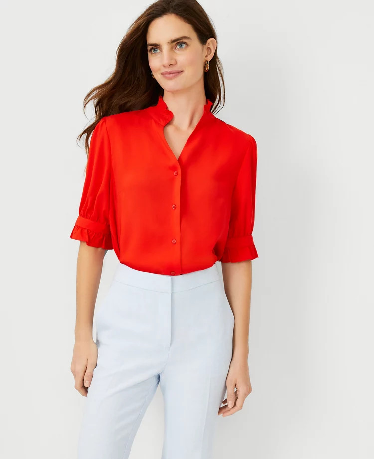 Ruffle Split Neck Button Top | Ann Taylor (US)