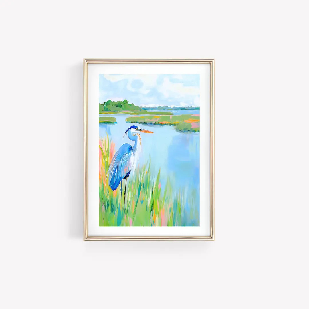 Blue Heron Watercolor Painting, Pastel Summer Marsh Print, Southern Lowcountry Coastal Art, Color... | Etsy (US)