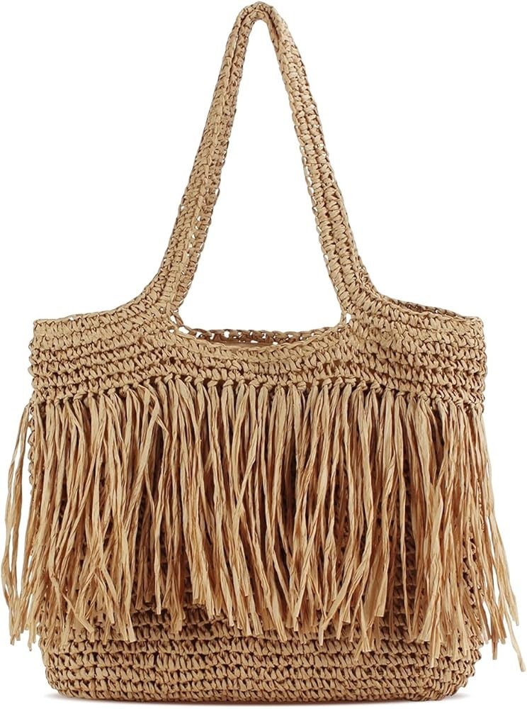 Large Capacity Fringe Straw Beach Tote Bag for Women vacation Summe\uff0cLightweight HandWoven Sh... | Amazon (US)