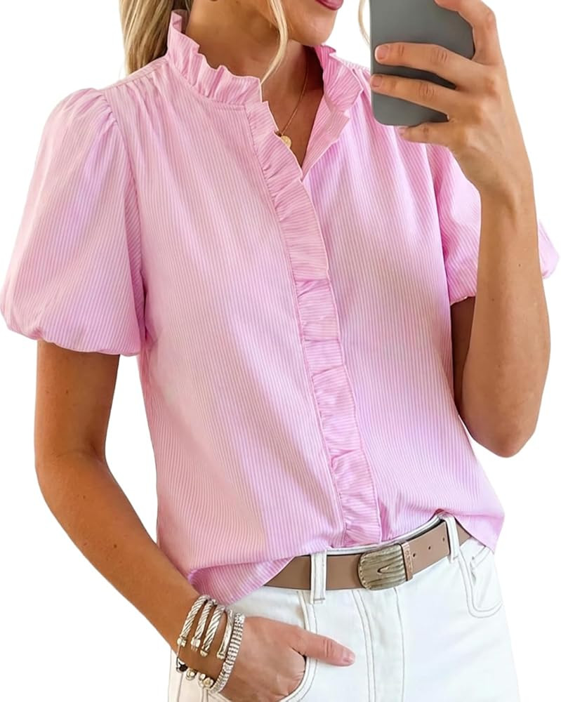 peasssa Womens Short Puff Sleeve Button Down Shirts Striped Ruffle Stand Collar Blouse Business C... | Amazon (US)