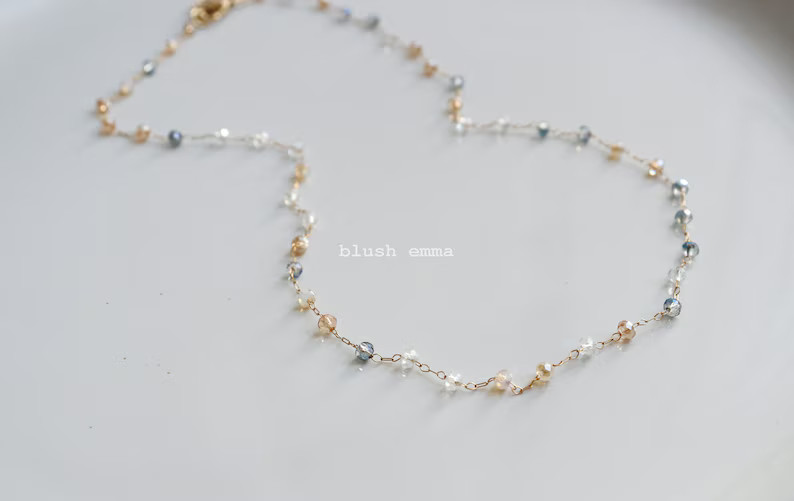 Multi Color Moon Dusty Peach Blue 3mm Small Beaded Necklace | Clear Bead Boho Clavicle Dainty Min... | Etsy (US)