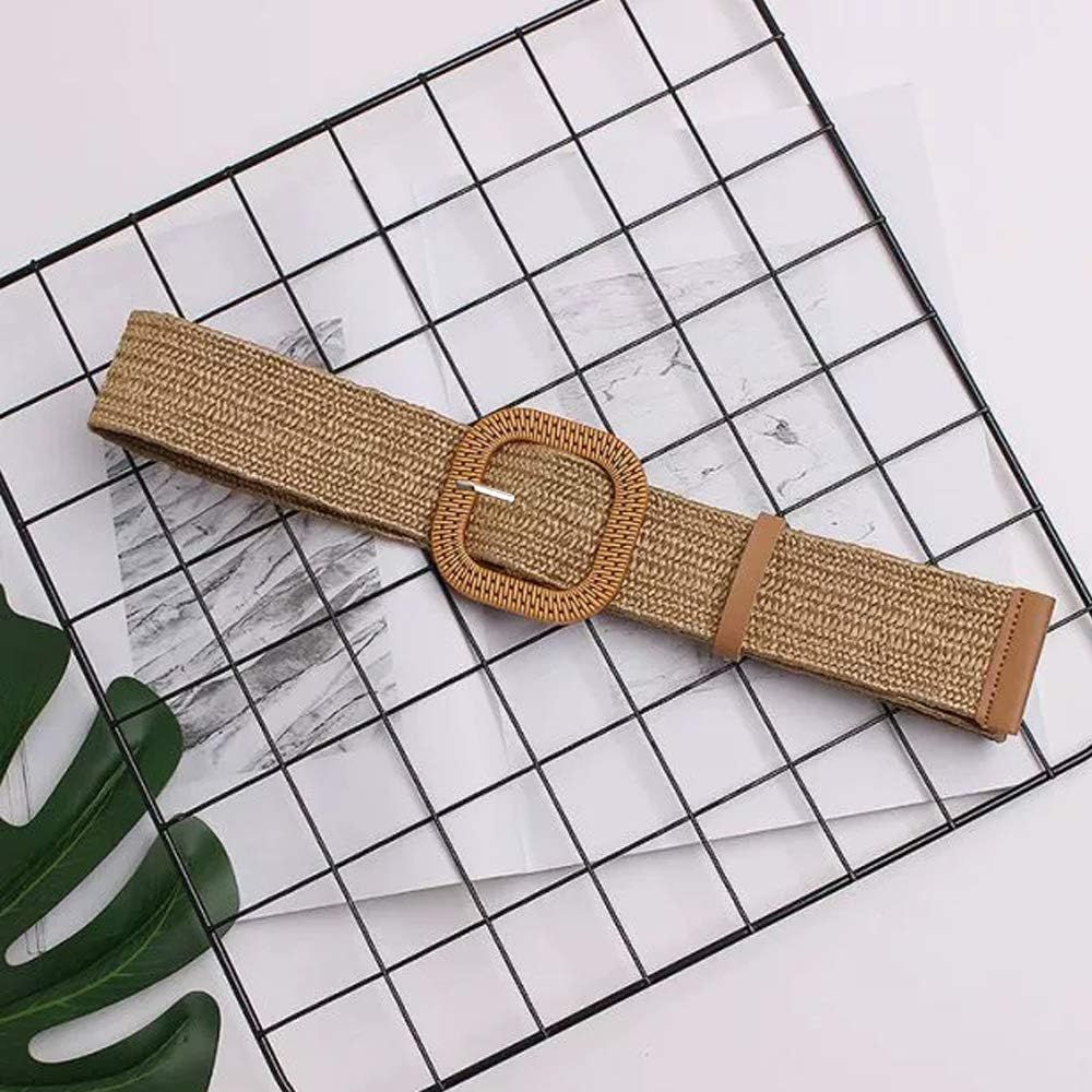 Women Skinny Dress Belt, Fashion Straw Woven Elastic Stretch Waist Band Wood Buckle Belt | Amazon (US)