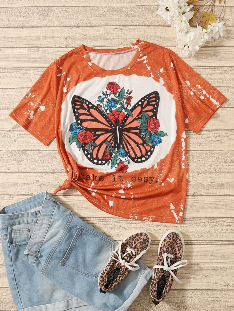 Plus Butterfly & Floral Print Tie Dye Tee | SHEIN
