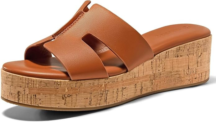 Coutgo Women's Platform Wedge Sandals Open Toe Slip On Slides Cork Heeled Cutout Comfortable Summ... | Amazon (US)