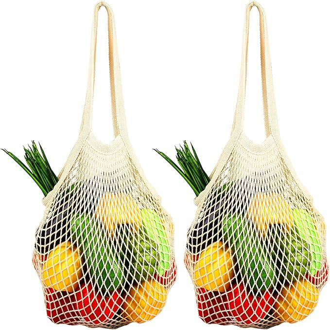 [2 Pack] Premium Mesh Grocery Bags, Reusable Produce Bags, Long Handle Net Tote Bags, 100% Cotton... | Amazon (US)