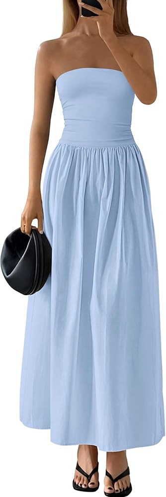 PRETTYGARDEN Women 2026 Summer Elegant Strapless Maxi Dress Tube Top Dress A Line Flowy Long Wedd... | Amazon (US)
