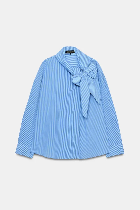 High-neck shirt featuring a bow and long sleeves. Front fastening with a hidden button placket. | Zara UK