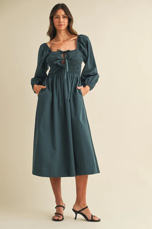 Forest Green Bow Detail Smocked Midi Dress | PinkBlush Maternity