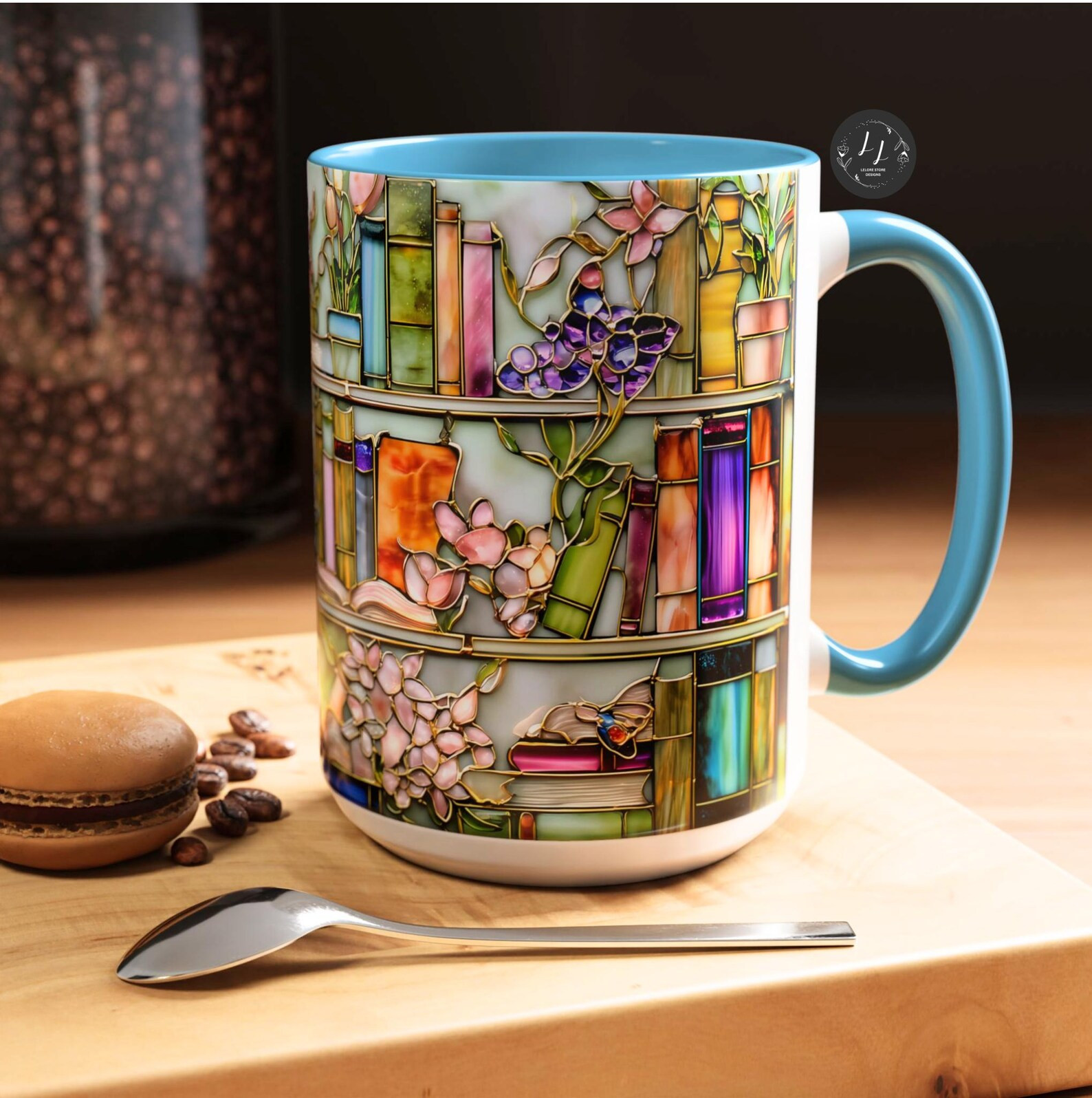 Floral Bookshelf Coffee Mug: Bookish Faux Stained-Glass Ceramic Mug Cook Lover gift | Etsy (US)