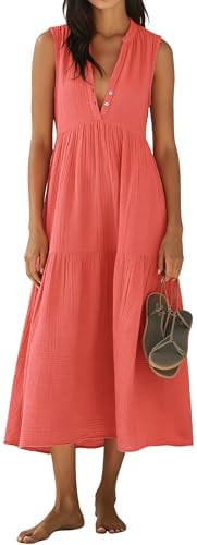 R.Vivimos 2026 Summer Cotton Maxi Dresses for Women Casual Sleeveless Button V Neck Tiered Loose ... | Amazon (US)
