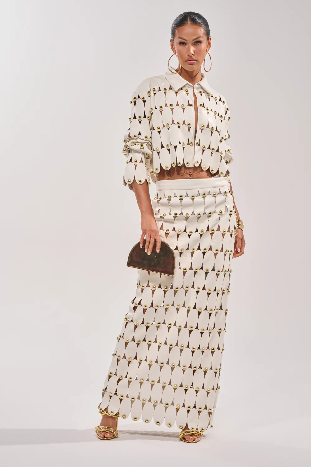 AKIRA The Sneak Peek Studded PU Midi Skirt | White | Size Medium | AKIRA