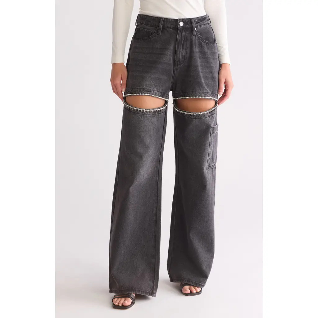 PTCL Rhinestone Slit Straight Leg Jeans in Black Wash at Nordstrom Rack, Size 26 | Nordstrom Rack