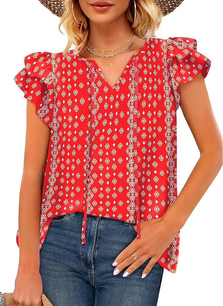 XIEERDUO Womens Summer Tops Ruffle Short Sleeve V Neck Chiffon Blouses Flowy T Shirts | Amazon (US)