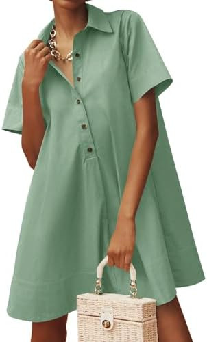Wenrine Womens Oversized Shirt Button Mini Dress Short Sleeve Dresses | Casual, Collared,V Neck, ... | Amazon (US)