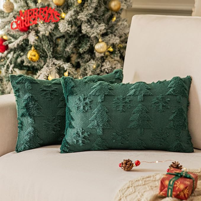 Green Christmas Tree Pillow Covers 12x20 inches Set of 2, Snowflake Shaped Faux Fur Throw Pillow ... | Amazon (US)