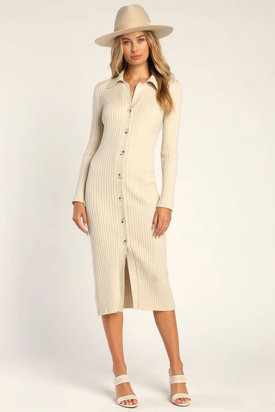 Everyday Admiration Cream Ribbed Button-Front Midi Sweater Dress | Lulus (US)