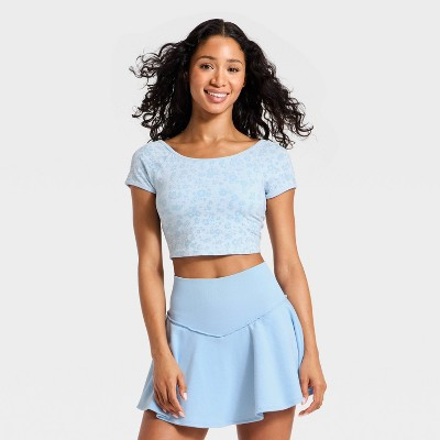 Women's Seamless Cropped Short Sleeve Support Top -JoyLab™ Blue Floral XXS | Target