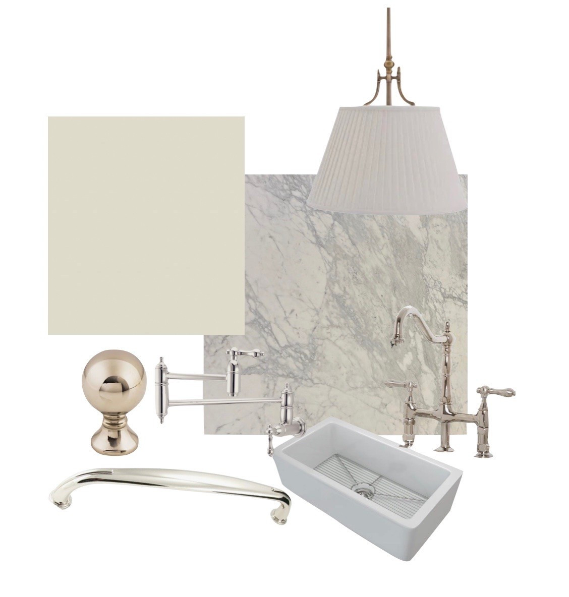 New kitchen mood board! Went with polished nickel finishes

Sink, faucet, pulls, knobs