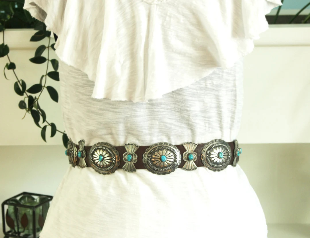 Concho Belt, Vintage Native American Conchos, Sterling Silver and Turquoise on Brown Leather Belt | Etsy (US)