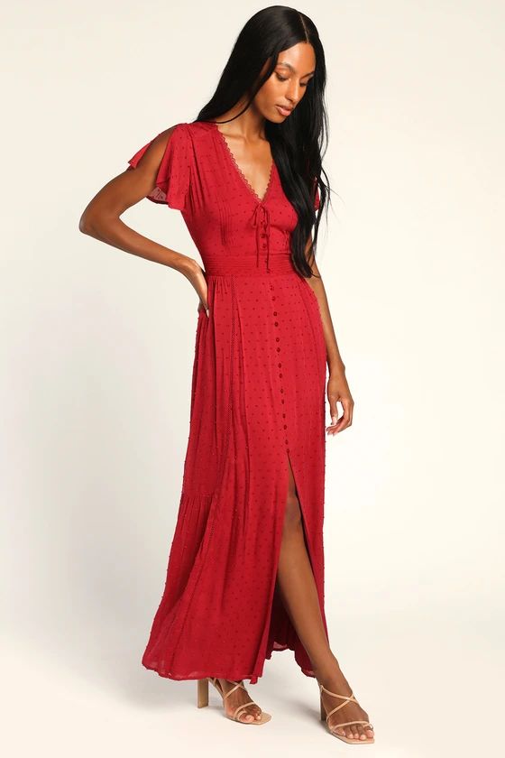 Completely In Love Wine Red Swiss Dot Button-Front Maxi Dress | Lulus (US)