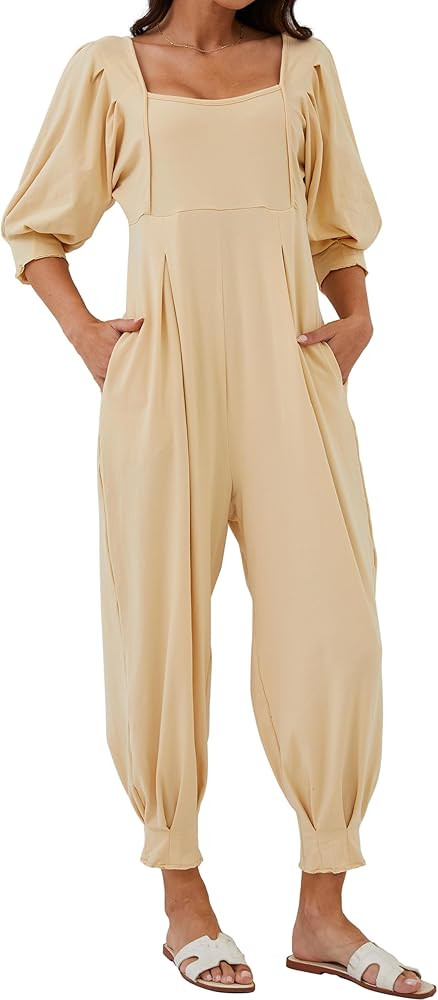 Labolliy Women Casual Loose Jumpsuits Solid Square Neck Puff Half Sleeve V-back Long Harem Pants ... | Amazon (US)