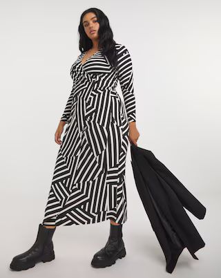 Mono Print Supersoft Wrap Midi Dress | Simply Be (UK)