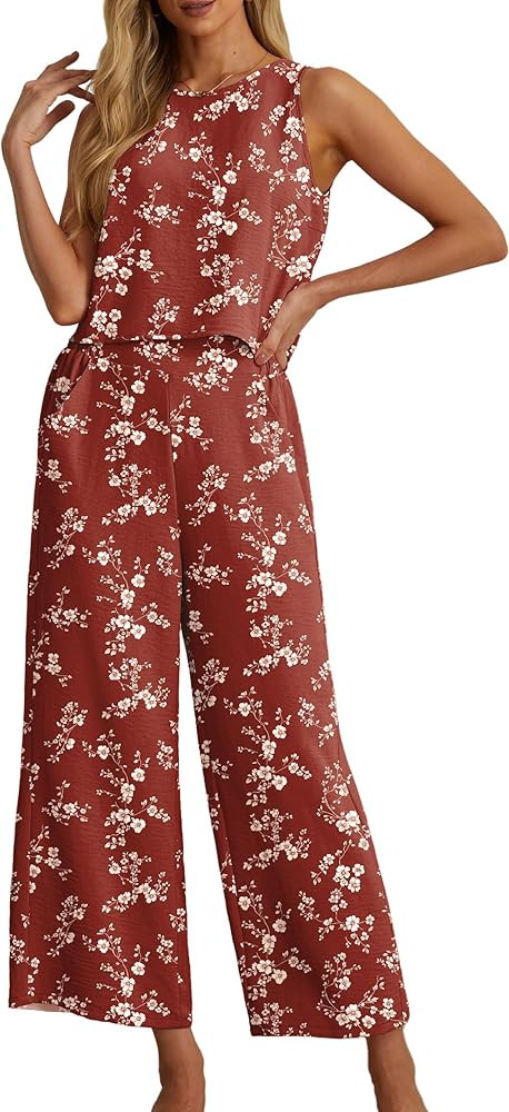 IWOLLENCE Women's Summer 2 Piece Outfits Set Round neck Sleeveless Tank Crop Top Wide Leg pants S... | Amazon (US)