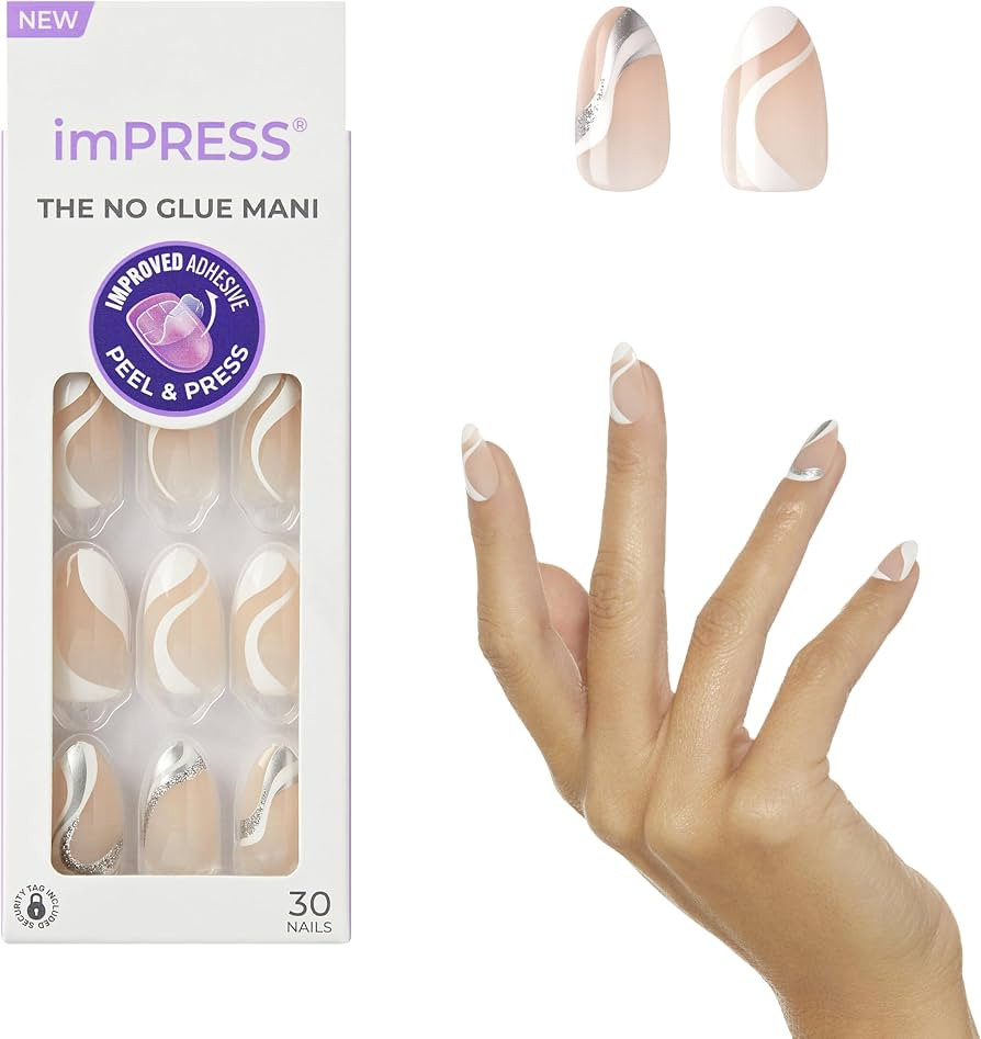 KISS imPRESS No Glue Mani Press On Nails, Design, 'On My Mind', White, Medium Size, Almond Shape,... | Amazon (US)