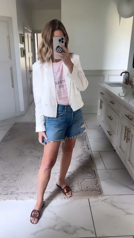 I love the Agolde Parker long shorts and have in two different washes. I wear a size 27. Tee is so soft but really oversized, so size down. The perfect cropped blazer is lightweight—so good I also have in two colors! 

#LTKFindsUnder100 #LTKOver40 #LTKStyleTip