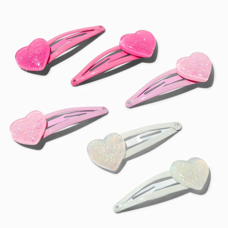 Claire's Club Little Girls Pink and White Heart Charm Hair Clips with Glitter, 6-Pack | Walmart (US)