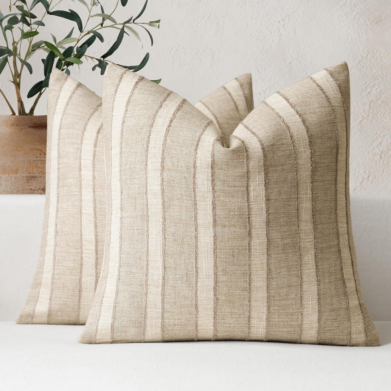 FIOUOVO Striped Linen Throw Pillow Covers 18x18 Set of 2, Natural Linen | Amazon (US)