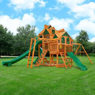 DIY Empire Wooden Outdoor Playground Set with 3 Slides, Sandbox, Swing Set, Monkey Bars, and Playground Equipment | The Home Depot