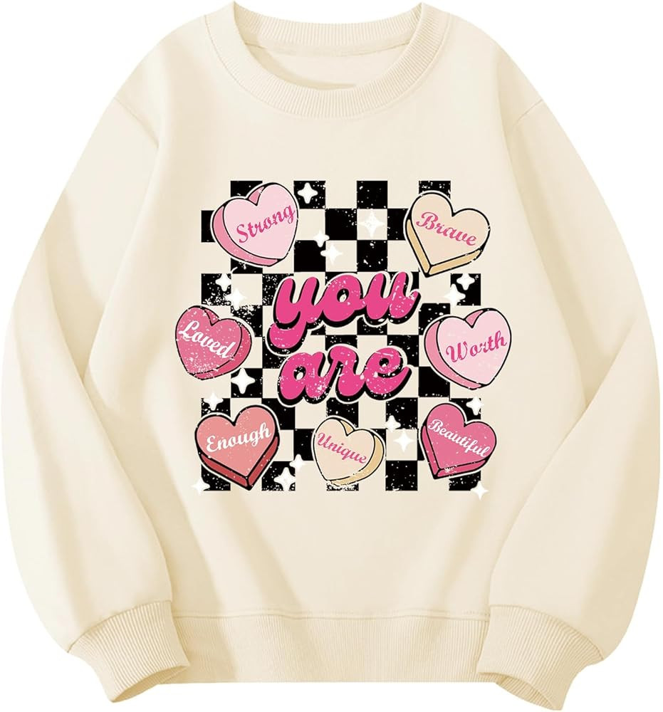 Girls Valentines Sweatshirt Love Hearts Graphic Cotton Long Sleeve Crewneck Shirts 4-12 Years | Amazon (US)
