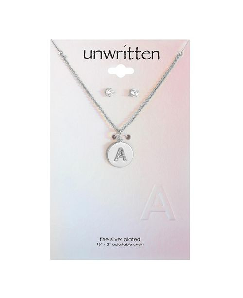 Fine Silver Plated Clear Cubic Zirconia Initial Coin Pendant and Earring Set, 16"+2" Extender | Macys (US)