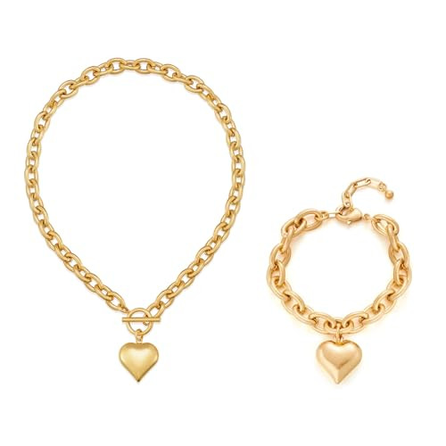 CLASSYZINT Heart Pendant Chain Necklace and Gold Chunky Link Heart Charm Bracelets | Amazon (US)