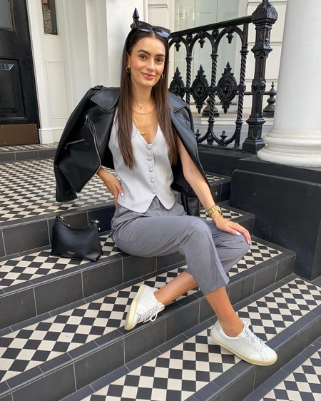 Grey layers ☁️
Black biker jacket, grey waistcoat, high waist grey trousers, Veja esplar trainers, black shoulder bag

#LTKSeasonal #LTKshoecrush #LTKstyletip