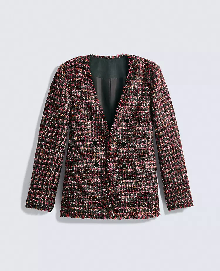 The Long V-Neck Sequin Tweed Jacket | Ann Taylor