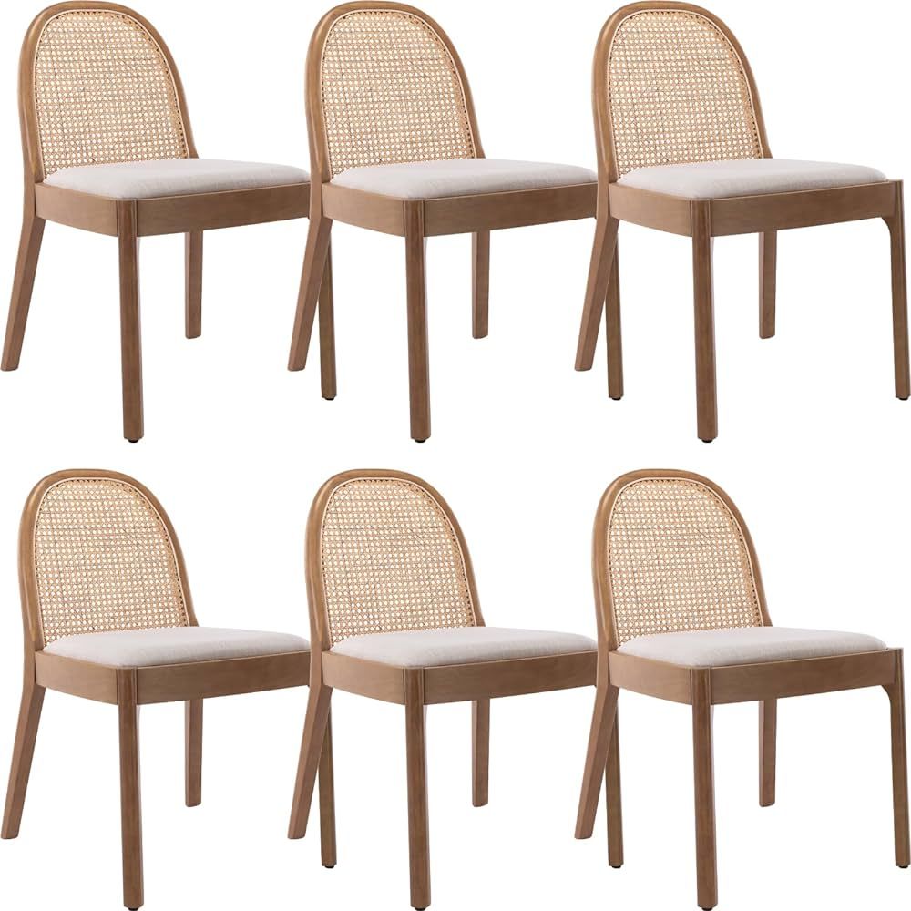 Mid Century Dining Chairs Set of 6, Accent Rattan Linen Fabric Side Chairs Kitchen Chair with Sol... | Amazon (US)