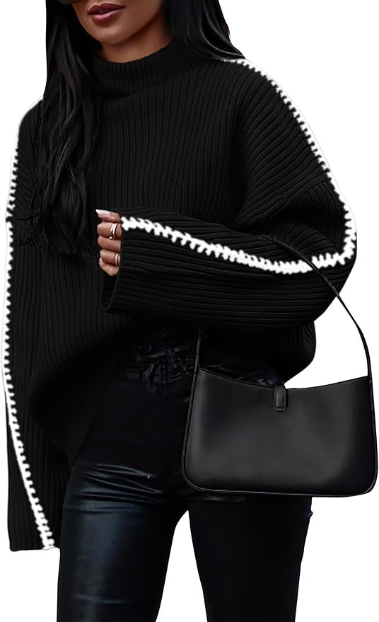 KIRUNDO Women's 2024 Fall Mock Neck Long Sleeve Ribbed Knit Contrast Stitching Oversized Chunky S... | Amazon (US)
