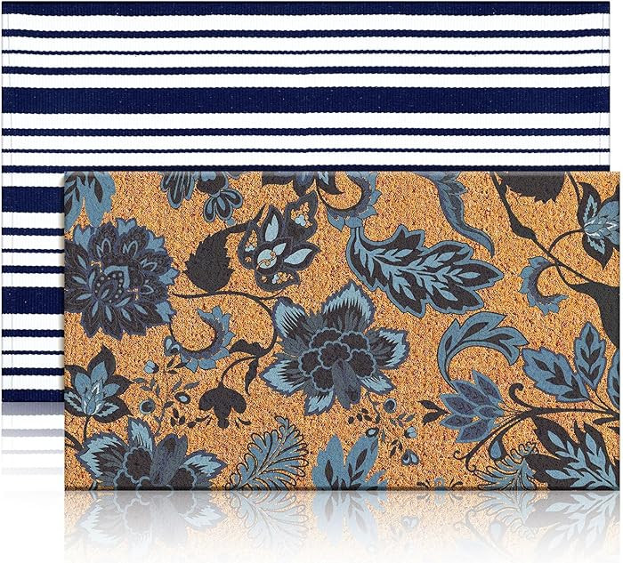 2 Pcs Navy Blue Coir Doormat Outdoor Navy Blue and White Checked Rug Doormats Indoor Outdoor Rugs... | Amazon (US)