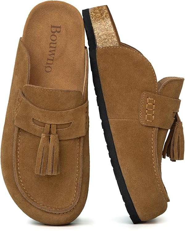 Suede Clogs for Women Genuine Leather Mules with Tassel Fringe Comfort Cork Footbed Women's Slip ... | Amazon (US)