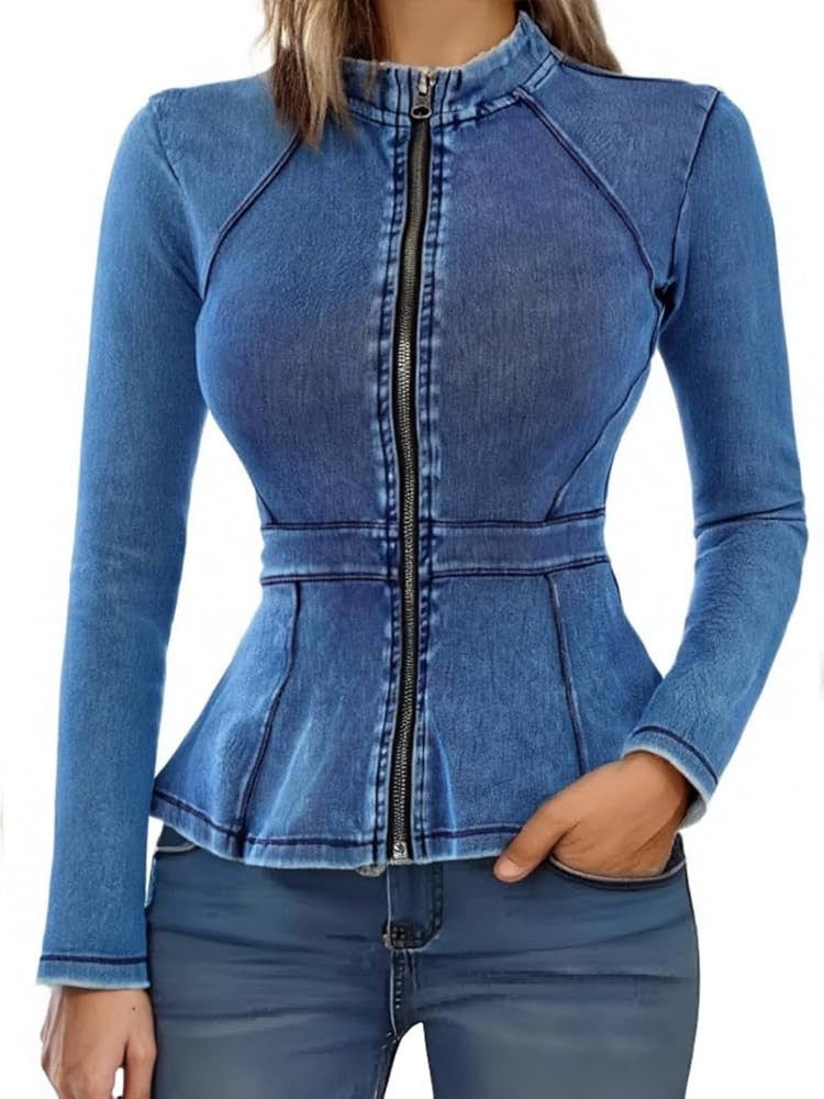 Casual Denim Peplum Jacket for Women Long Sleeve Zip Front Athletic Workout Ruffle Blazer Coats | Amazon (US)