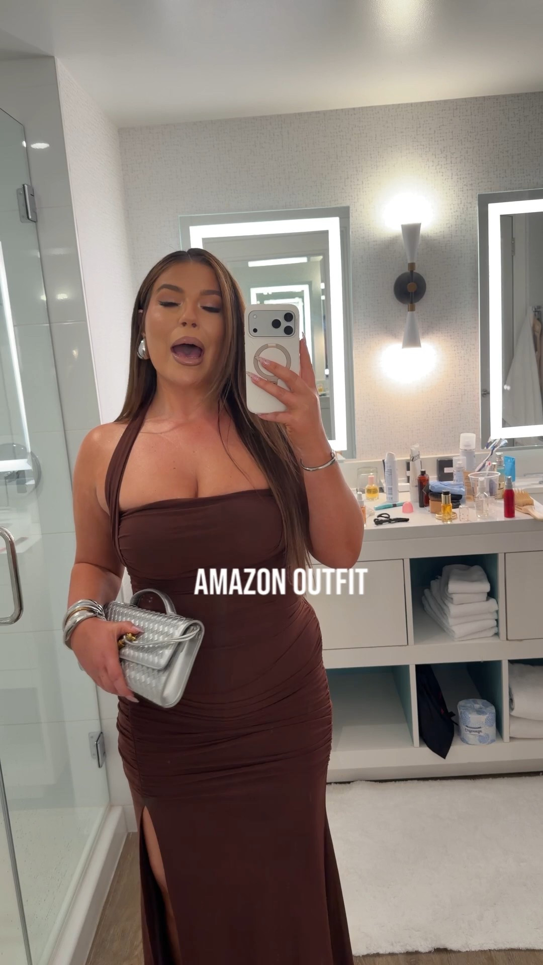 This formal event dress from Amazon is fabulous!😻 (&amp; a lil spicy) It has ruching throughout, a flattering slit, and is stretchy! Super curve-flattering- I'm wearing my reg L- also linked shapewear and accessories! Amazon fall wedding guest dress, holiday dress, birthday dress, wedding guest dress

#LTKHoliday #LTKMidsize