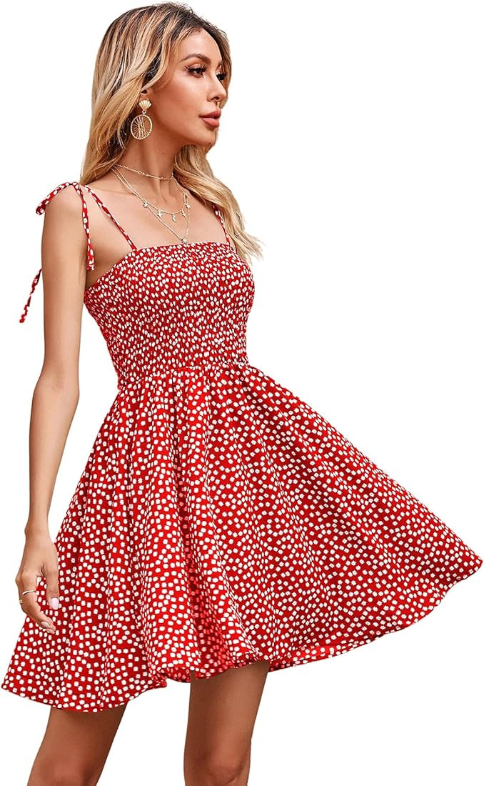 SheIn Women's Polka Dot Tie Shoulder Cami Mini Dress Sleeveless Shirred A Line Skater Flare Dresses | Amazon (US)