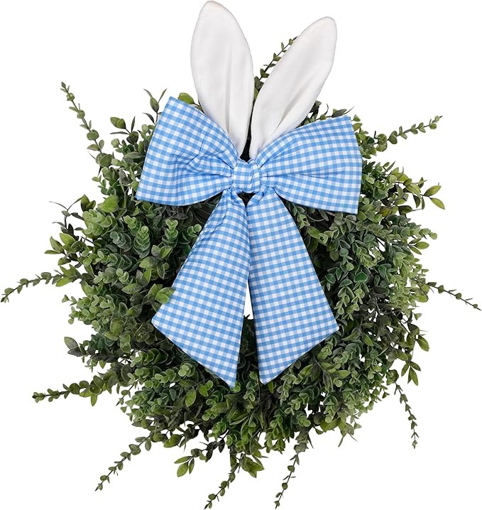 24" Easter Wreath for Front Door, Artificial Green Boxwood Spring Wreath with Bunny Ears & Blue P... | Amazon (US)