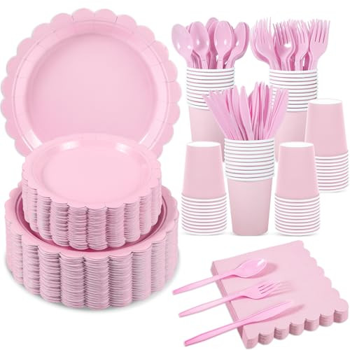 Xiangqu 350 Pcs Pink Paper Plates and Napkins, 50 Guest Light Pink Party Supplies Include Pink Scalloped Plates Paper Napkins Cups Plastic Spoons Forks Knives for Baby Shower, Wedding, Birthday | Amazon (US)